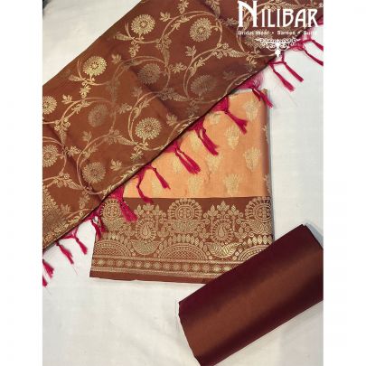 Orange With Contrast Maroon Silk Unstitched Suit