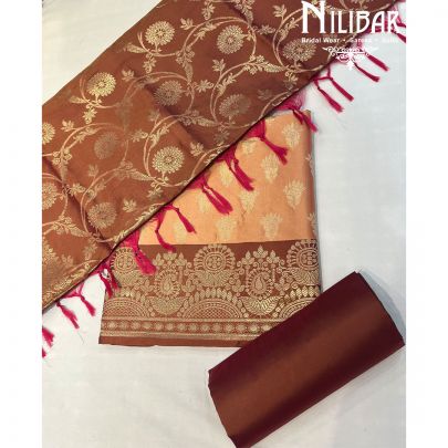 Orange With Contrast Maroon Silk Unstitched Suit