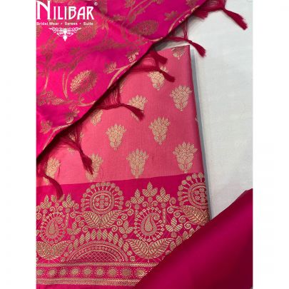 Hot Pink With Contrast Baby Pink Silk Unstitched Suit