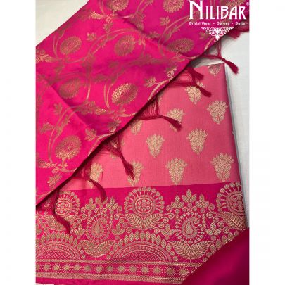 Hot Pink With Contrast Baby Pink Silk Unstitched Suit
