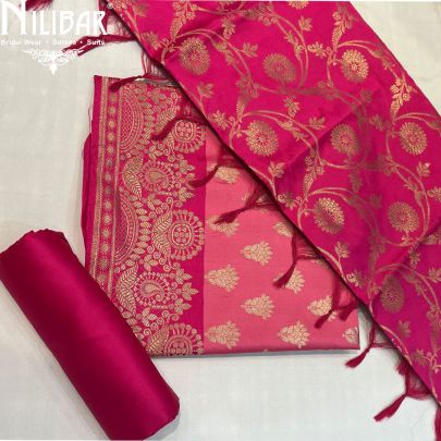 Hot Pink With Contrast Baby Pink Silk Unstitched Suit