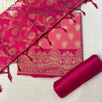 Hot Pink With Contrast Baby Pink Silk Unstitched Suit