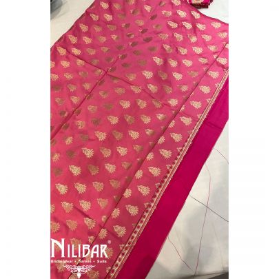 Hot Pink With Contrast Baby Pink Silk Unstitched Suit