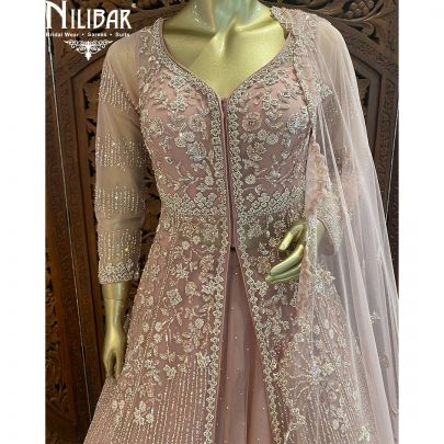 Baby Pink Net Cape style Heavy Lehenga