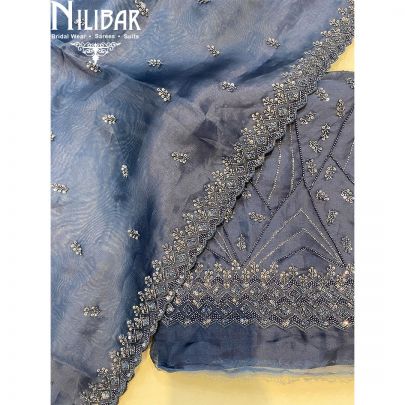 Navy Blue Organza Unstitched Suit