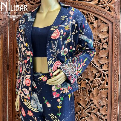 Navy Blue Silk Indo-Western Set With Jacket