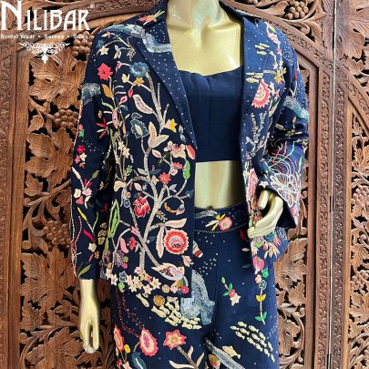Navy Blue Silk Indo-Western Set With Jacket