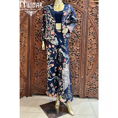 Navy Blue Silk Indo-Western Set With Jacket