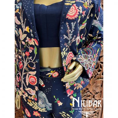 Navy Blue Silk Indo-Western Set With Jacket
