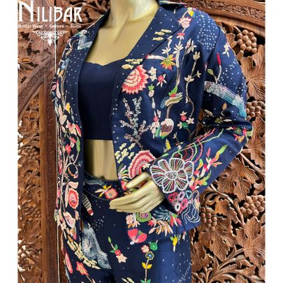 Navy Blue Silk Indo-Western Set With Jacket
