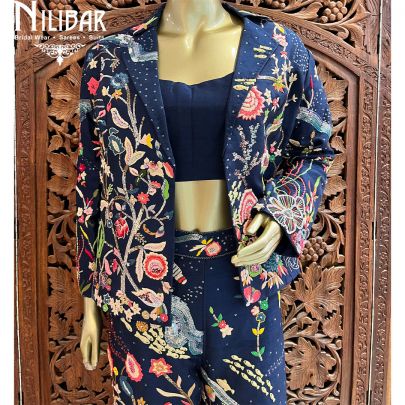 Navy Blue Silk Indo-Western Set With Jacket