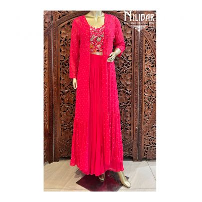 Hot Pink Georgette  Indo-Western Set With Jacket