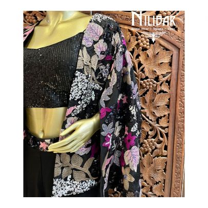 Black Georgette Indo-Western Set With Jacket