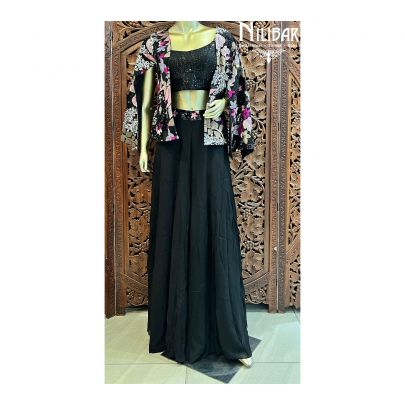 Black Georgette Indo-Western Set With Jacket
