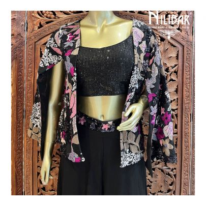Black Georgette Indo-Western Set With Jacket