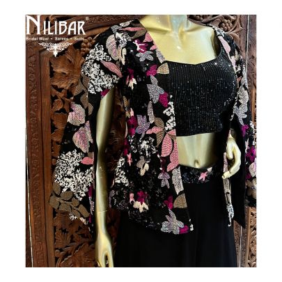 Black Georgette Indo-Western Set With Jacket