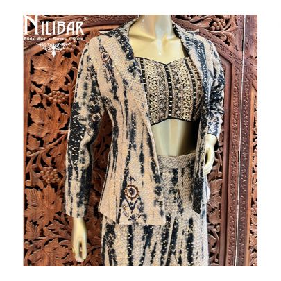 Beige & Black Georgette Jacket Style Suit
