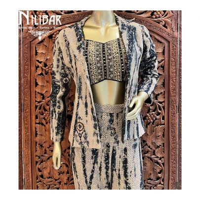 Beige & Black Georgette Jacket Style Suit