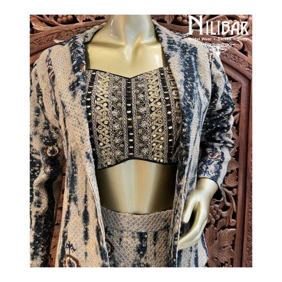 Beige & Black Georgette Jacket Style Suit