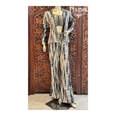 Beige & Black Georgette Jacket Style Suit
