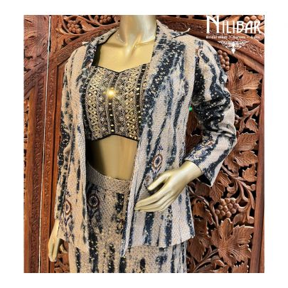Beige & Black Georgette Jacket Style Suit