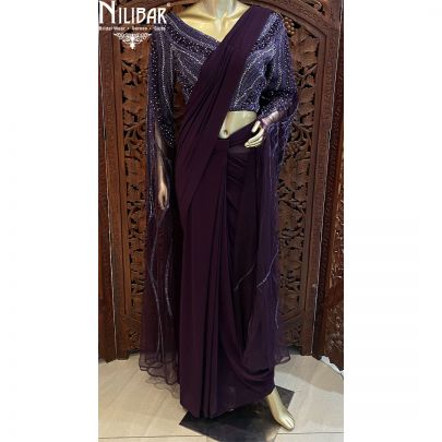 Wine Lycra Net Drape Saree