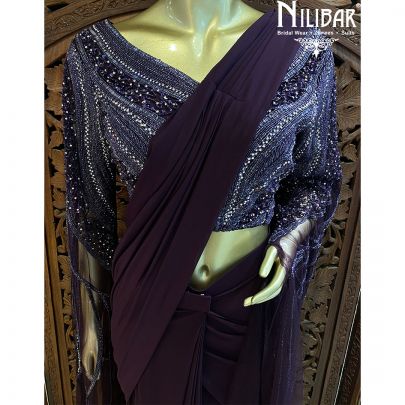 Wine Lycra Net Drape Saree