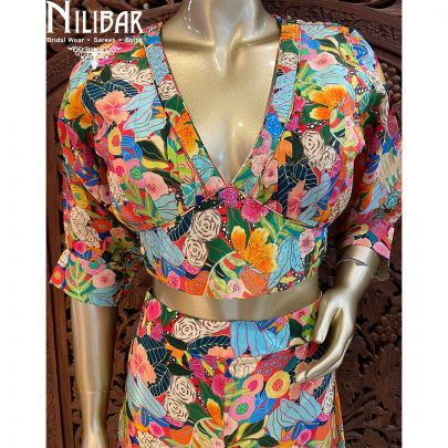 Multicolor Crepe Crop Top With Palazzo 