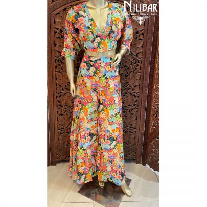 Multicolor Crepe Crop Top With Palazzo 