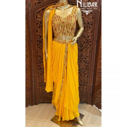 Yellow Chinon Silk Dhoti Set