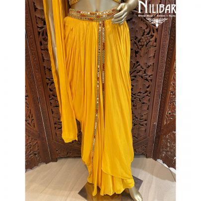 Yellow Chinon Silk Dhoti Set