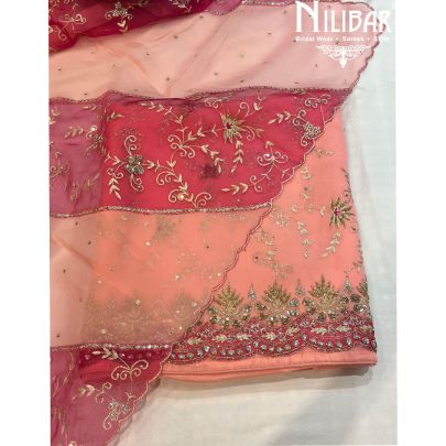 Peach & Hot Pink Organza Unstitched Suit
