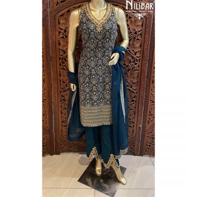 Peacock Green Georgette Silk Organza Pant Suit