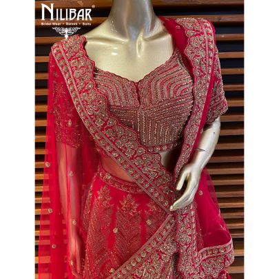 Rose Red Silk and Net Lehenga