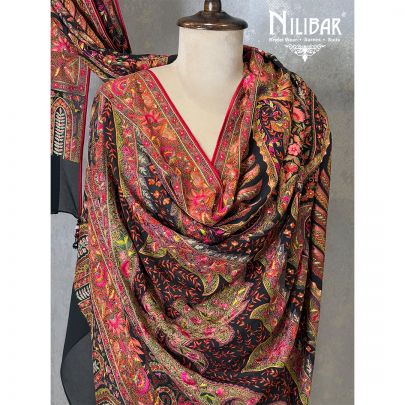 Black Georgette Thread  & Stone Embroidered Shawl