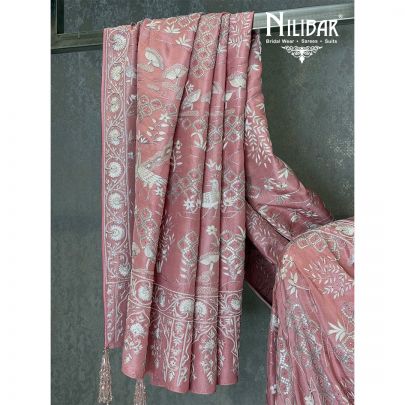 Pink Silk Thread & Stone Embroidered Shawl