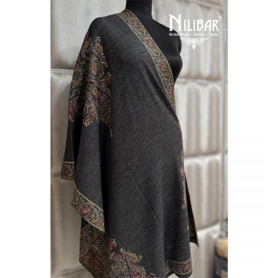 Black Pure Wool Embroidered Shawl