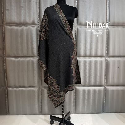 Black Pure Wool Embroidered Shawl