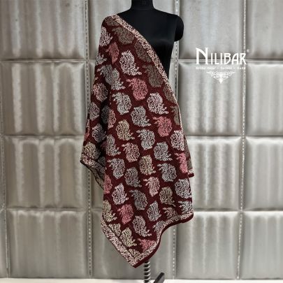 Dark Mehroon Pure Wool Embroidered Shawl
