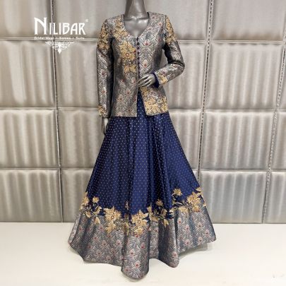 Navy Blue Silk Short Top Paired with Lehenga