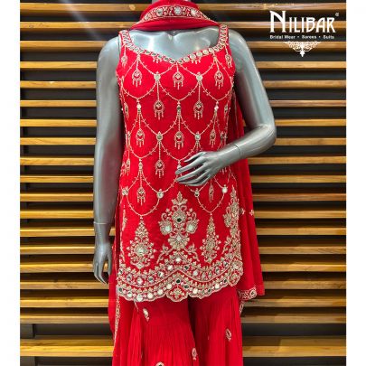 Red Georgette Short Shirt Paired With Sharara & Dupatta
