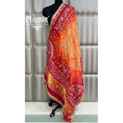 Orange & Red Gaji Silk Bandhani Dupatta