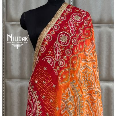 Orange & Red Gaji Silk Bandhani Dupatta