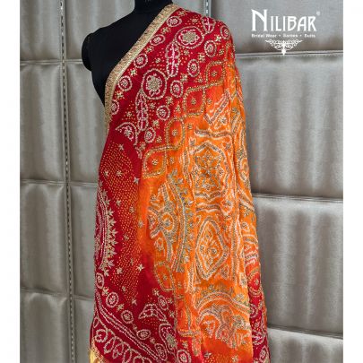 Orange & Red Gaji Silk Bandhani Dupatta