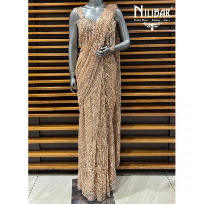 Beige Gold Net Drape Saree