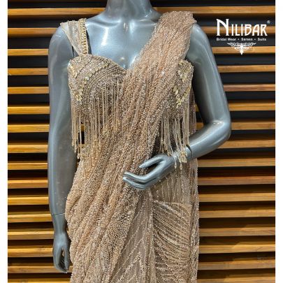 Beige Gold Net Drape Saree