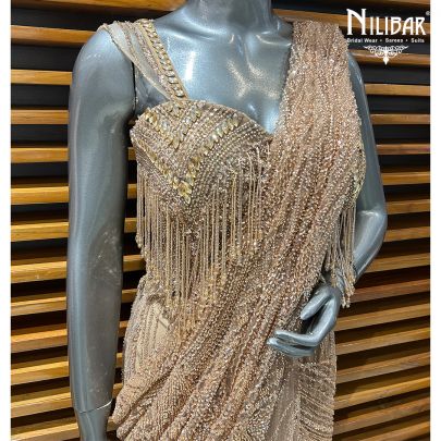 Beige Gold Net Drape Saree