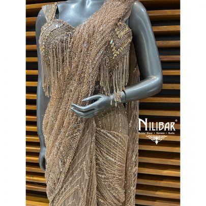 Beige Gold Net Drape Saree