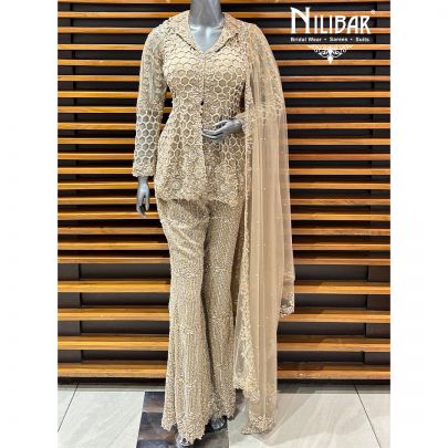 Light Beige Net Indo-Western Set