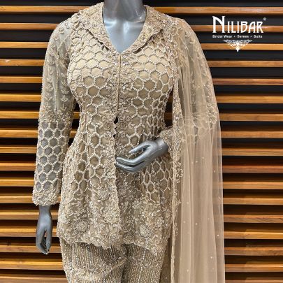 Light Beige Net Indo-Western Set